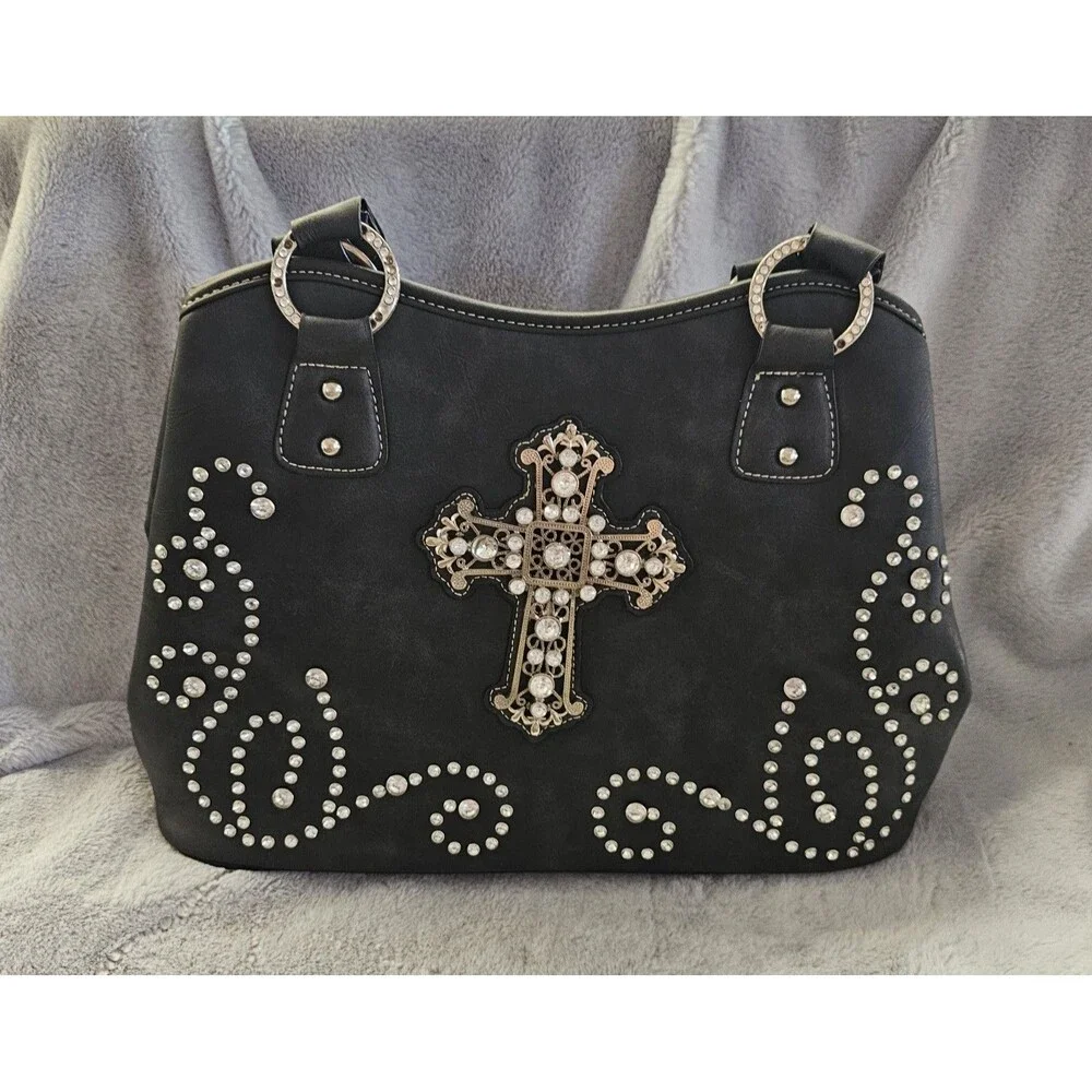 Vtg Country Road Black Leather Purse Rhinestones With A Cross
